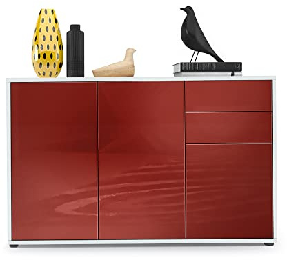 Vladon Sideboard Ben V3, Kommode mit 3 Türen und 2 Schubladen, Weiß matt/Bordeaux Hochglanz (117 x 74 x 36 cm)