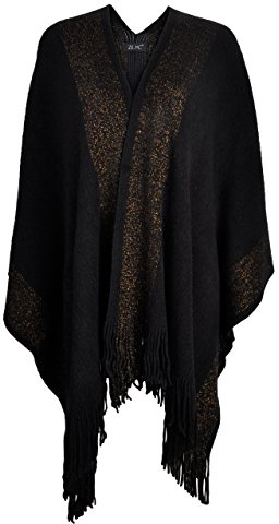 Scialle Leggera Dorata Assetto Tessuto a Maglia Coperta Poncho Frange con Assetti a Contrasto da Donna