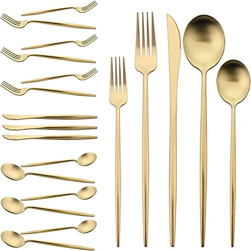 Uniturcky Lot de 20 couverts en acier inoxydable 18/10 Champagne doré mat – Ustensiles de cuisine, fourchette, couteau, cuillère, fourchette, cuillère à salade, fourchette, cuillère à dessert