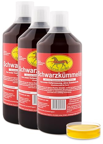 Scheidler horse-direkt Premium 3 x 1 L Schwarzkümmelöl für Pferde und Hunde Kaltgepresst – Aus Eigener Pressung