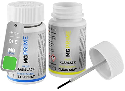 MG PRIME Autolack Lackstift für Opel GLE / 30P Grasshopper Metallic +1K | Apfelgrün Perleffekt, Set aus Basislack + Klarlack, Lackfläschchen mit Pinsel, je 50ml