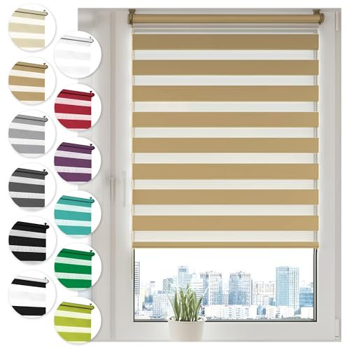 Doppelrollo Klemmfix ohne Bohren 100cm x 150cm Beige Duo Rollo Klemmrollo Sonnenschutzrollo Fensterrollo für Fenster & Türen Zebrarollo Seitenzugrollo