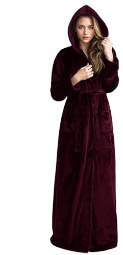Hellomamma Lång rock med huva för kvinnor lyxig flanell fleece full längd badrock vinter varm pyjamas dusch nattlinne, Vinrött, XL