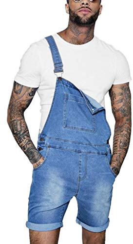GUOCU Pantalones Cortos de Vaquero para Hombre Monos Peto Mezclilla Desgastados Slim Fit Roll Up Casual Trabajo Jumpsuit Azul claro S