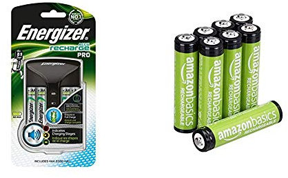 Energizer Chargeur Piles Rechargeables, pour AA et AAA Piles (4 Piles AA Incluses) & Amazon Basics Lot de 8 Piles Rechargeables Ni-MH Type AAA 1000 Cycles à 800 mAh/Minimum 750 mAh 1,2 V
