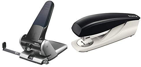 Leitz 5180 Extrastarker Registraturlocher (Langer Hebel Stanzleistung, 65 Blatt) schwarz/grau & Heftgerät, 30 Blatt, Schwarz, Ergonomisches Kunststoffgehäuse, Inkl. Heftklammern, New NeXXt, 55000095