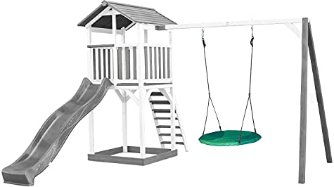 AXI Beach Tower parco giochi di legno in grigio e bianco | Torre di gioco con sabbiera, altalena a nido e scivolo grigio | Casa per bambini su palafitte per il giardino