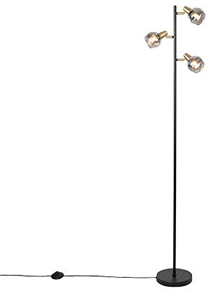 Qazqa Art Deco Stehleuchte, Stehlampe - Vidro - Schwarz mit Rauchglas, max. 25W, Geeignet für LED, 3-flammig, 150cm, Ideal als Wohnzimmerlampe