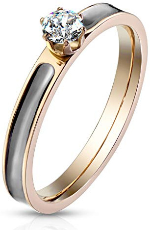Paula & Fritz® Ring Damen Zirkonia klar 316L Chirurgenstahl Größe 49 (15,6) - 59 (18,8) Rosegold-schwarz Verlobungsring Partnerring Ehering Damenring