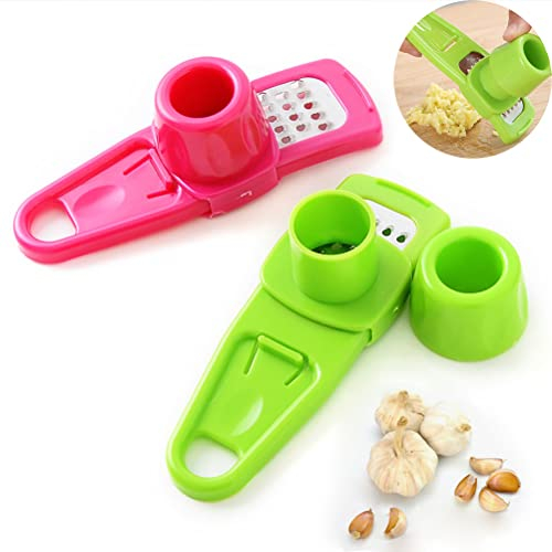 2 Stücke Multifunktionaler Manueller Knoblauchschneider, Manuelle Knoblauchpresse, Garlic Press für Knoblauch & Ingwer, Knoblauchschäler, Küchenwolf und Mühle, Leicht zu Reinigender Küchenhelfer
