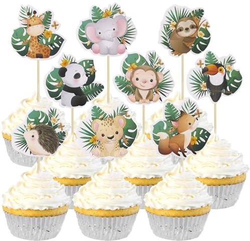 Gyufise 36 Stück Woodland Party Cupcake Topper Waldtier Tortenaufsatz Dekorationen Wild One Thema Geburtstag Party Dekoration für Babyparty Dschungel Safari Tier Thema Party Supplies Dekor