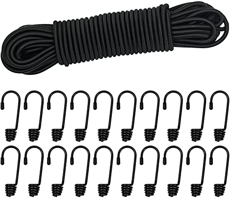 20 m elastische Schnur, 0,6 cm dicke Gummiseil, strapazierfähig, 1,8 m, elastische Gummiseil, schwarze Bungee-Schnüre mit Haken für Wohnwagen, Camping, Ladung, Bastelregal (6 mm x 20 m, schwarz)