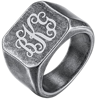 GoldChic Edelstahl Herren Siegelring Personalisierter Männer Jungen Fingerring mit Gravur Gold/Silber/Schwarz/Grau Biker Quadrat/Rund Bandring Ringgröße 54.4（17.3）-72.8（23.1）