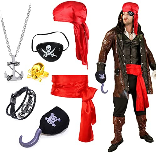 Hifot 7 Stück Piratenkostüm Accessoires Herren Damen Augenklappe Kopftuch Lang Schwanz Piraten Hut Augenklappe Piraten Kappe Zubehör für Halloween Party Rollenspiel
