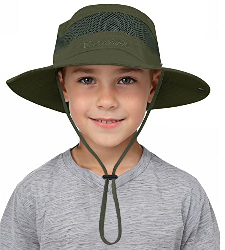 Century Star Outdoor Kids Sun Hat UPF 50+ Quick Dry Adjustable Bucket Hat Windproof Waterproof Beach Fishing Safari Hat Army Green 5-13T