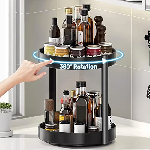 Drehbare Gewürzregal 360° Küchen Organizer, 2 Etagen Drehteller Organizer Regal Kohlenstoffstahl, Lazy Susan Gewürzregal Stehend Küchen Regal für Arbeitsplatte Küche, Bad, Wohnzimmer (Schwarz A)