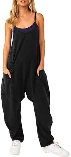 Litthing Salopette Femme Jambe Large Combinaison Pantalon Décontracté Avec Poches Ample Taille Fermeture Éclair Jumpsuit Bretelles Fines Grand Baggy Doux Confort Bodycon