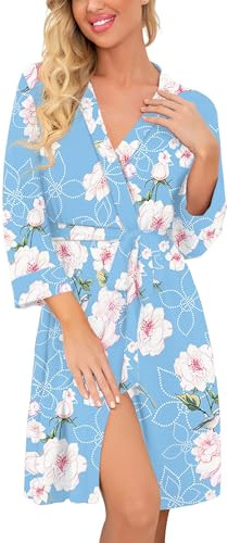 PrinStory Accappatoio da donna lungo/corto, lavorato a maglia, morbido, vestaglia casual da donna, Fiori Azzurro, S