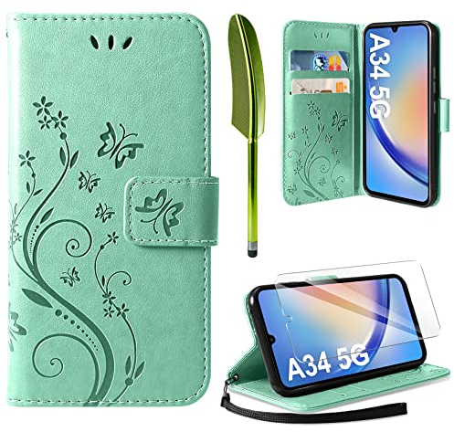 AROYI Lederhülle Kompatibel mit Samsung Galaxy A34 5G Hülle und Schutzfolie, Flip Wallet Handyhülle PU Leder Tasche Case Kartensteckplätzen Schutzhülle Kompatibel mit Samsung Galaxy A34 5G Hellgrün