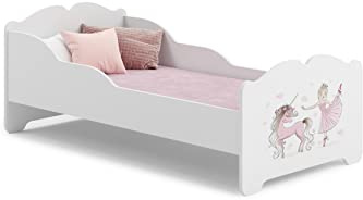 KOBI Anna vit barnsäng med rosa enhörning och ballerina | 160 x 80 cm | liten flicksäng barnsängar | med madrass och ram | babyrummet | enkelsäng med barriär