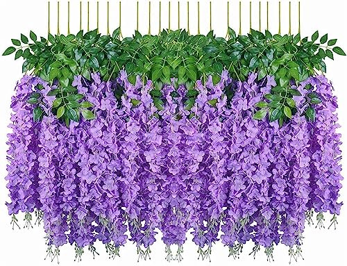 Yeehliny Künstliche Blumen, Künstliche Glyzinien, gefälschte Wisteria, Hängende Blauregen Seidenblumen künstliche Pflanzen für Hochzeiten Haus Garten Party Hochzeitsdeko (12 Stück/Violett)