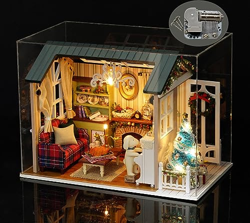 DIY Miniatur Puppenhaus Kit 1:24 Mini 3D Holz Mini Puppenhaus-Zimmer mit Möbeln, LED Leuchten, Weihnachts Dekoration, Geburtstags Geschenk für Jugendliche, Erwachsene (Holiday time)(Spieluhr)