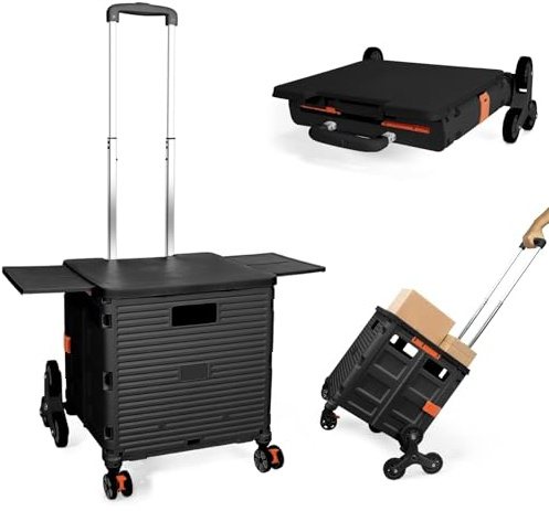 Carrito de Compras Plegable, Carro Portátil Plegable con Ruedas para Subir Escaleras, Cesta Compacta con Tapa Magnética, Carrito Rodante con Mango Telescópico, Ligero y Resistente hasta 80KG - Negro