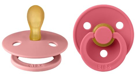 BIBS Colour Dummy, 0-6 Months, 2-Pack, Symmetrical Teat, Dusty Pink/Coral | Natural Rubber Latex | Size 1 | BPA-Free | Made in Denmark | High Teat Acceptance | Airflow Holes | Comfort Shield