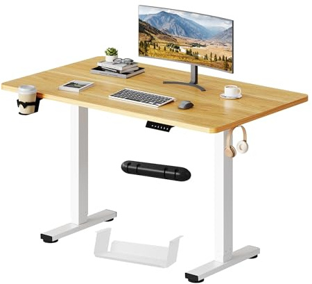 SANODESK Escritorio Elevable Eléctrico 110cm con Tablero Entero, Regulable en Altura con Memoria, Estable y Silencioso, Soporte hasta 100 kg, con Gancho y Portabotella, Oficina y Hogar(Arce)