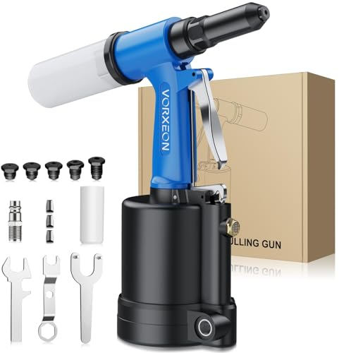 VORXEON Pneumatic Rivet Gun Set 5 Sizes (2.4mm/3/32-6.4mm/1/4), 1780KGF Pulling Force, Air Riveter Ideal for DIY, Garage, and Automotive Use