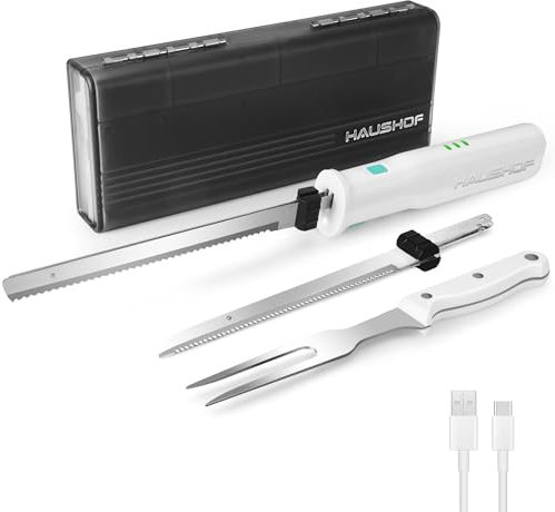 HAUSHOF Elektromesser, Kabelloses Küchenmesser mit 2 Edelstahlklingen, Elektrisches Messer mit Gabel, 2000 mAh Akku für Präzises Schneiden von Brot, Fleisch und Käse, mit Aufbewahrungsbox, Weiß