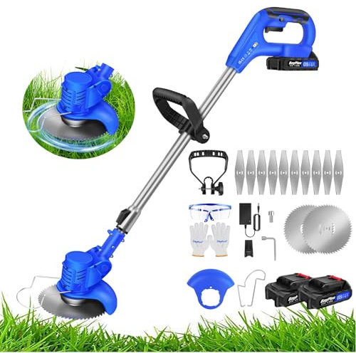 Metal Blade Cordless Garden Strimmer, Electric Grass Trimmers with 2x 1.5Ah Battery, 10 Metal Blades & 2 Circular Saw Blades, Height Adjustable Battery Strimmer for Garden Clearing Weeds Flower Trees