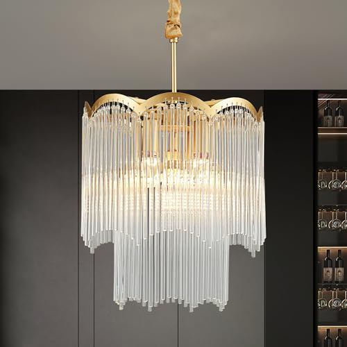Faibra 12.52 Gold Clear Glass Crystal Pendant Light 5-Light Modern Crystal Pendant Ceiling Light Fixture 2-Tier Luxury Glass Chandeliers,for Dining Room Kitchen Island Living Room Bedroom