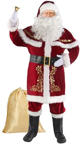 Boveco Christmas Santa Claus Costume for Men Adult 12pcs Santa Suit Deluxe Professional Velvet Outfit for Xmas Holiday Party Cosplay 2XL
