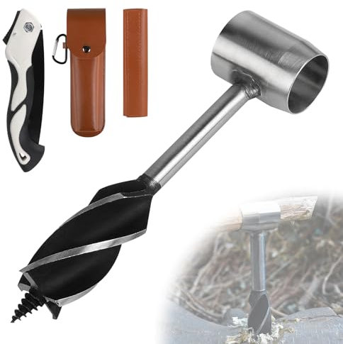 EFUTURETIME Trapano per Legno Manuale Bushcraft, φ25x160mm, Trivella Manuale in Acciaio con Custodia in Pelle Marrone e Seghetto Pieghevole da 180 mm, Set di Trapani per Legno Bushcraft