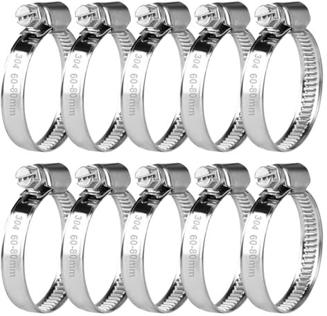 10 Pz Fascette Stringitubo Inox, Fascette Metalliche, Fascette Stringitubo in Acciaio Inox Regolabile 60-80 mm, Fascetta Metallica con Vite, Collare Stringitubo a Bullone per Tubo Acqua Auto Piscina