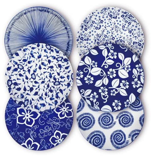 KeQiu 8 Inch Ceramic Dessert Salad Appetizer Pasta Steak Pancake Fruit Dinner Plates Set of 6, Premium Gift for House Warming, Birthday, Microwave/Oven/Dishwasher Safe, Vintage Blue, Japanese Style