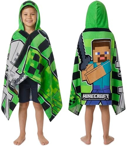 Minecraft Towelling Poncho Kids Teens Hooded Bath Towels Absorbent Beach Towel (Green/Black, 6-14 Years)