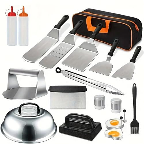 Zjyufy 18PCS Griddle Accessories Kit, Stainless Steel Grill Accessories for Blackstone and Camp Chef with Basting Cover, Burger Press, Tongs, Carry Bag for Outdoor Camping, Outdoor BBQ