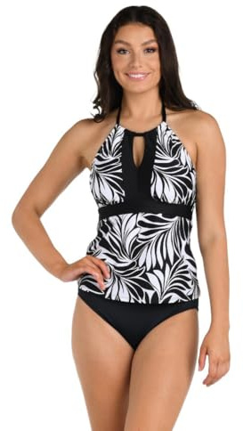 24th & Ocean Women's Strappy High Neck Tankini Swimsuit Top, Black//Floating Palms, 14