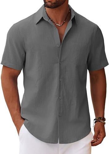 COOFANDY Camisa de Manga Corta para Hombre Camisa de Verano Camisa de Lino Casual Camisas de Algodón con Bolsillo Camisas en el Pecho de Playa Vacaciones Gris Oscuro M