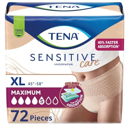 Tena Sensitive Care Adult Incontinence Underwear for Women, Maximum, XL, 72 Count (Waist Size 45in-58in)
