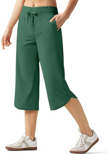 WILLIT Pantaloni capri da donna a gamba larga, pantaloni da corsa, pantaloni sportivi ad asciugatura rapida, pantaloni da trekking, leggeri con tasche, verde scuro, L