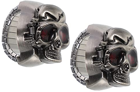 LIFKOME Totenkopf Fingeruhr aus Zinklegierung Schwarz Elastisches Armband 2 Stück-Pack Retro und Cool Punk für Damen