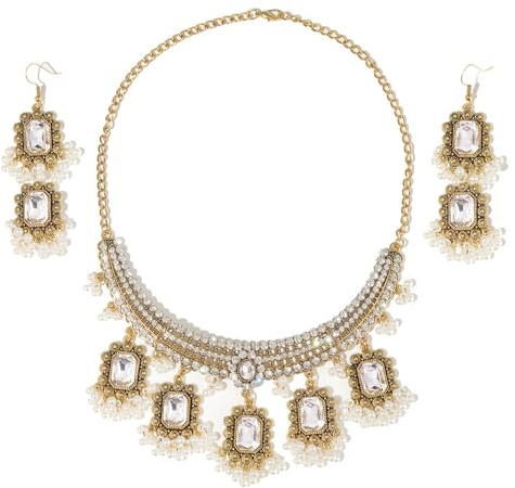 NewZenro Ethnic Rectangle CZ Beaded Tassel Dangle Drop Stud Earrings Choker Necklace Set for Women Vintage Indian Traditional Fashion Antique Bollywood Jewelry for Wedding Party (Clear CZ)