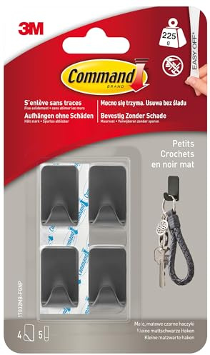 Command Klebehaken, mattschwarz – 4 selbstklebende Haken und 5 Klebestreifen – zum Aufhängen von Taschen, Kleidung und Schlüsseln – Haken für Wand und Tür, organisieren ohne Bohren