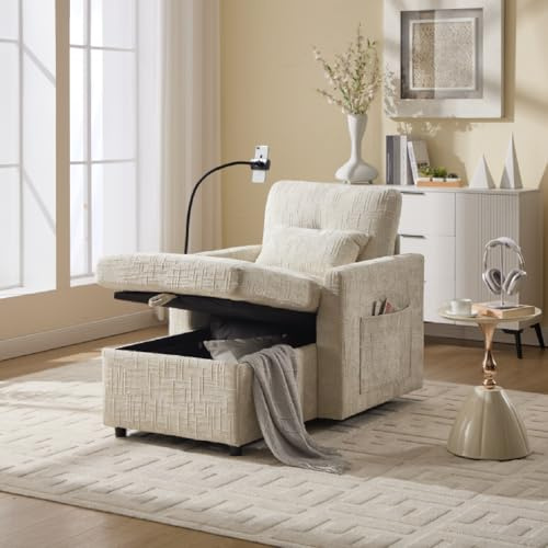 Ligterra Sofá reclinable multifuncional, respaldo plegable, con soporte para teléfono móvil, felpilla, silla de ocio individual, para salón, dormitorio, hogar pequeño (beige)