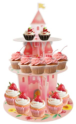 Zykra Alzata per Cupcake Cartone 3 Piani,Supporto per Dessert Torte Rosa a Forma di Castello,Alzata per Dolci per Feste di Compleanno, Baby Shower e Tea Party,Riutilizzabile a Tema Castello per Torte