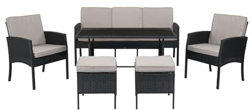 LEADZM Polyrattan Gartenmöbel Set 6-teilig,1 Sofa, 2 Sessel und 2 Stühle,Couchtisch,Wetterfest & UV-beständig für Terrasse, Garten, Balkon und Wohnzimmer (schwarz)