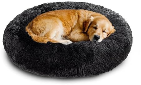 XIEMINLE Donut großes Hundebett, rund, beruhigend, Anti-Angst, Haustierbett, weich, waschbar, Hunde- und Katzenkissen, flauschig, warm, Plüsch-Welpenmatte mit rutschfester Unterseite (90 cm, Schwarz)